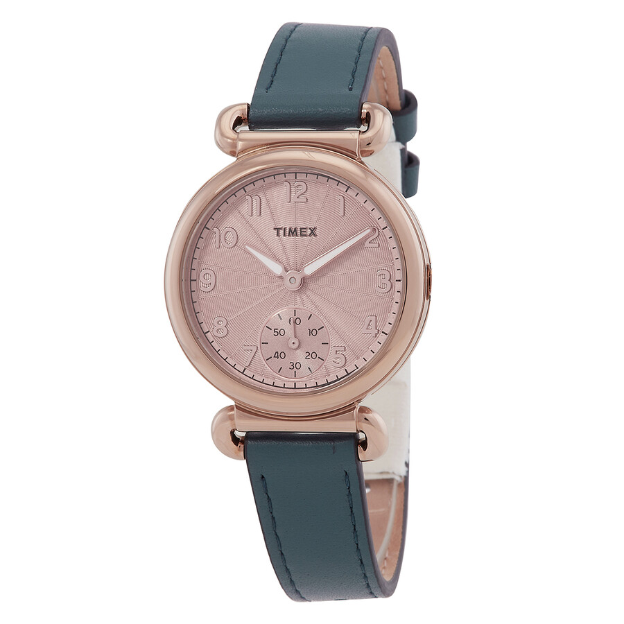 Timex ウオッチ レディース 石英 さくら色ゴールド文字記号盤 ブルーレザーストラップ アナログ
