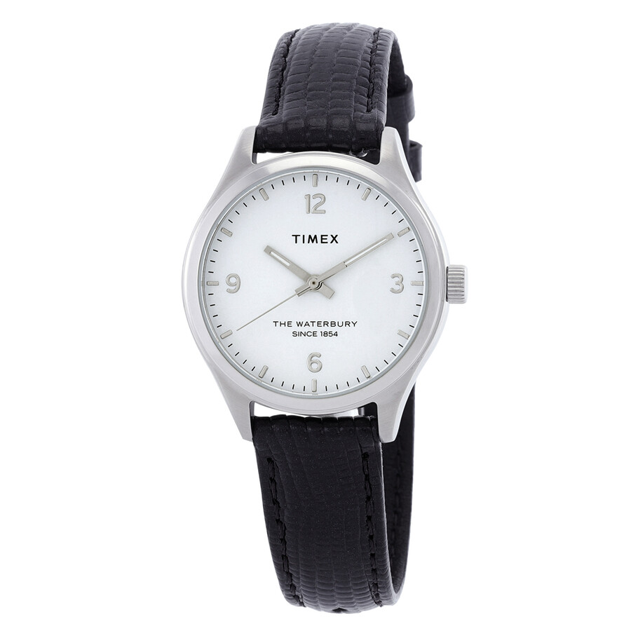 Timex ウオッチ レディース Waterbury 石英 白いこと文字記号盤 ブラックレザーベルト アナログ