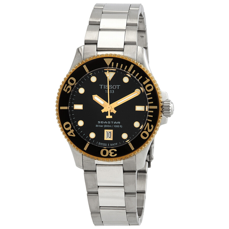 Tissotティソ シースター 1000 石英 黒いこと文字盤 ユニ一発やる 御覧になる T1202102105100