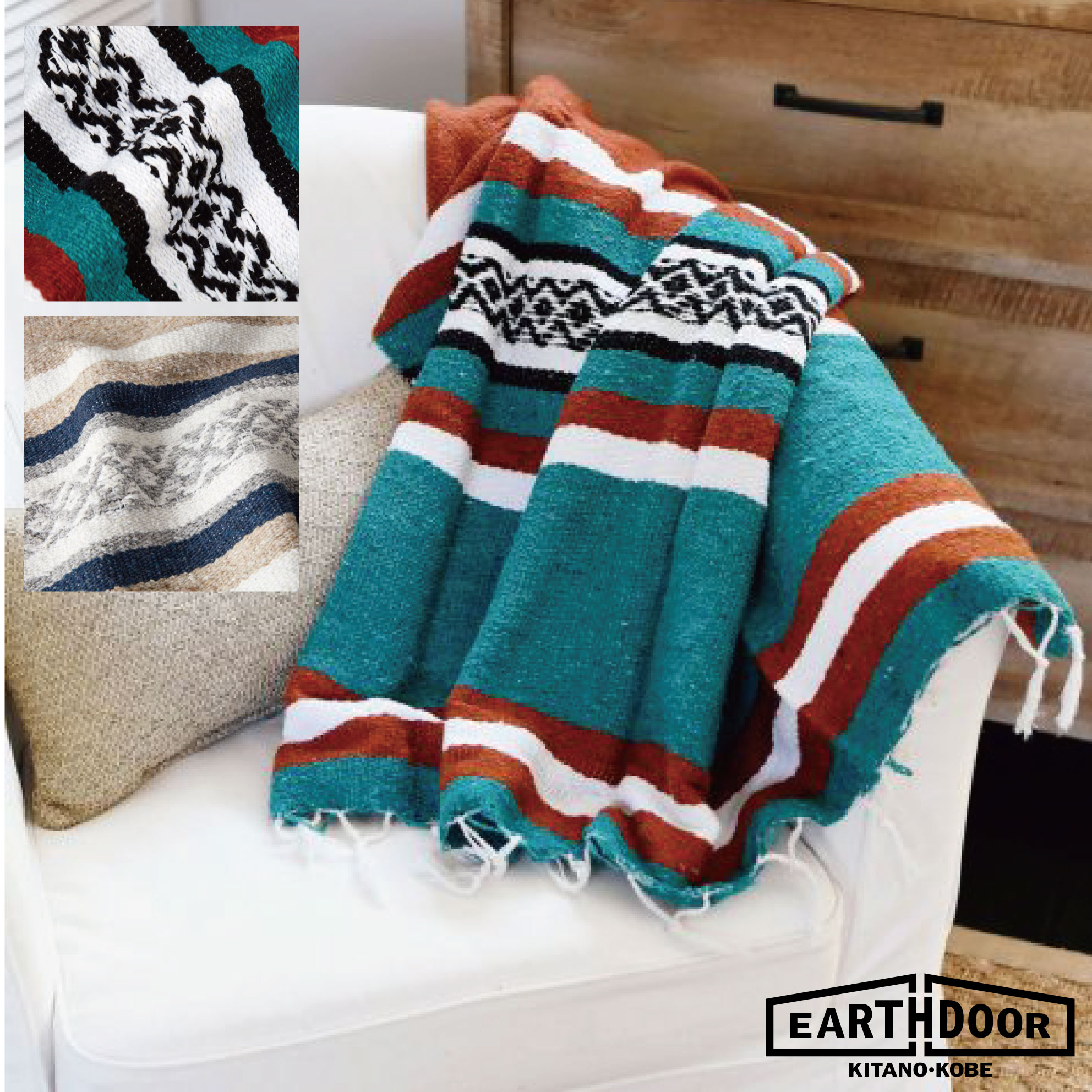 楽天市場 ネイティブ柄 トラスカラ ブランケット キャンプ Tlaxcala Mexican Blanket キャンプ アウトドア 厚手 ひざ掛け 大判 おしゃれ フリンジ 雑貨 インテリア エスニック 暖かい かわいい ブルー グリーン 神戸 北野 Earthdoor