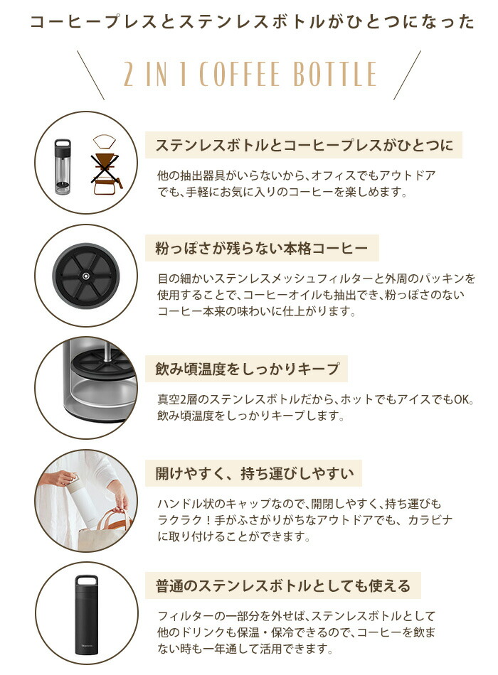 《着後レビューで今治タオル他》Vitantonio「コーヒープレスボトルコトル」ビタントニオコーヒープレスフレンチプレスステンレスボトル水筒ボトル本格コーヒー珈琲持ち運びOK保温保冷おしゃれホワイトブラックカーキ【ギフト/プレゼントに】