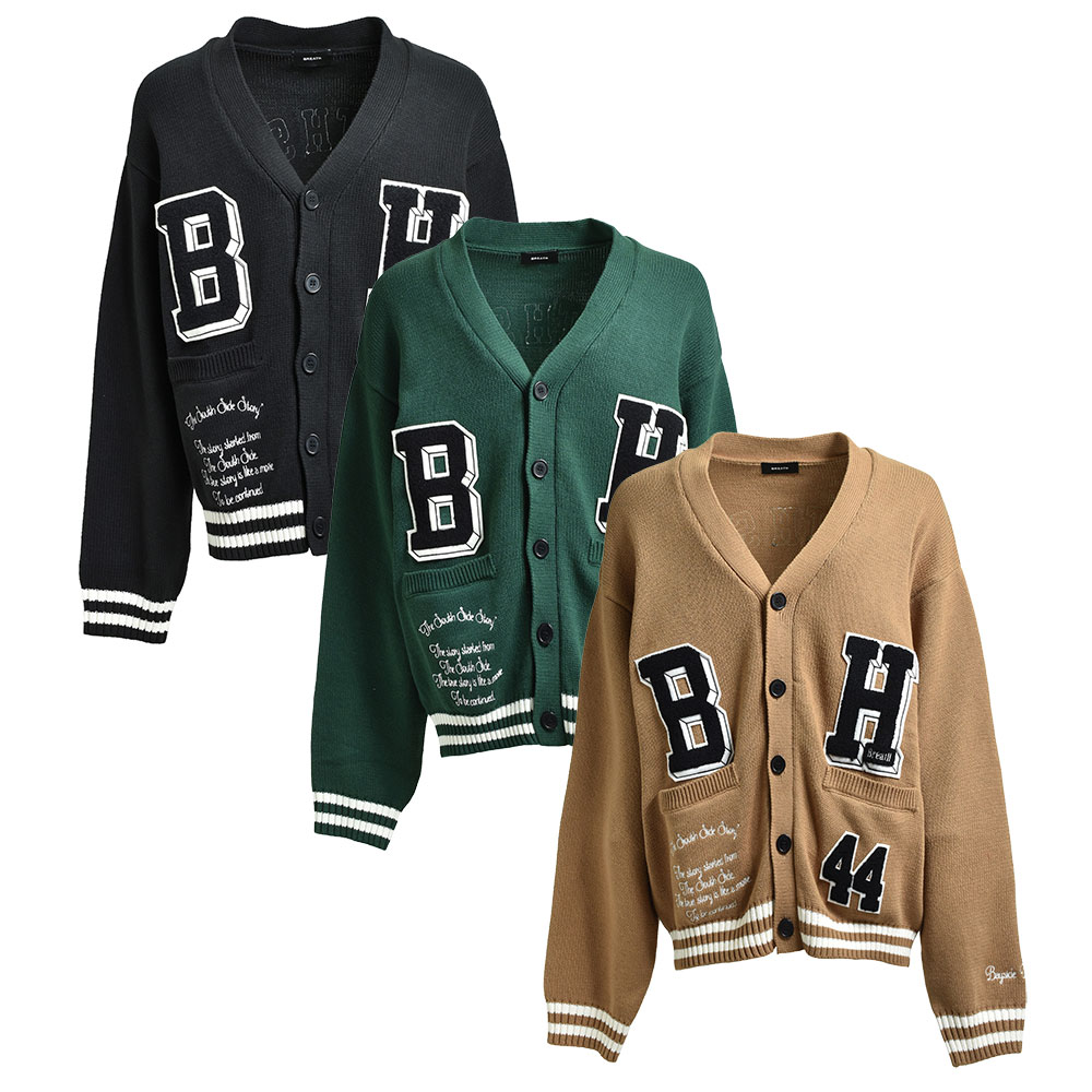 【20倍尖んがり】BREATH ブレス BH PATCH KNIT CARDIGAN BR25AW-N3002 編み物ジレー 置き目ゲージ 紋章 刺繍 BAD HOP