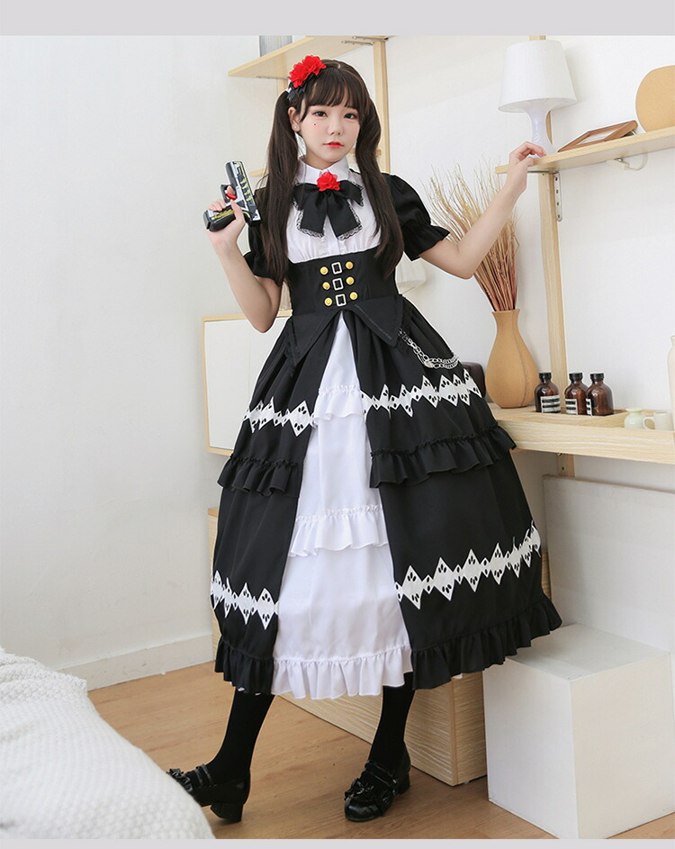 楽天市場 ハロウィン コスプレ 仮装 メイド服 ゴスロリ ロリータ ワンピース メイド セット レディース リボン付き ロリータ ワンピース 大人 大人用 ロング丈 女性 可愛いアイドル キャラクター アニメ 衣装 コスチューム Bau楽天市場店
