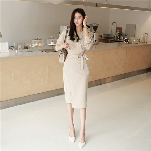 楽天市場 スーツワンピース タイトワンピース ワンピース ドレスワンピース 韓国 風 長袖 インポート きれいめ オフィススーツ ベージュ シンプル タイト 着痩せ お呼ばれ ミドル丈 パーティドレス 上品 通勤 フォーマル エレガント 大人 可愛い 二次会 結婚式baut1557