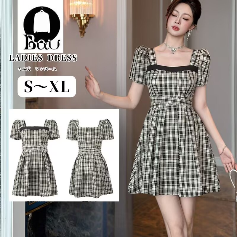 楽天市場】チェック柄 ミディアムドレス green ミディアム丈 フレア A