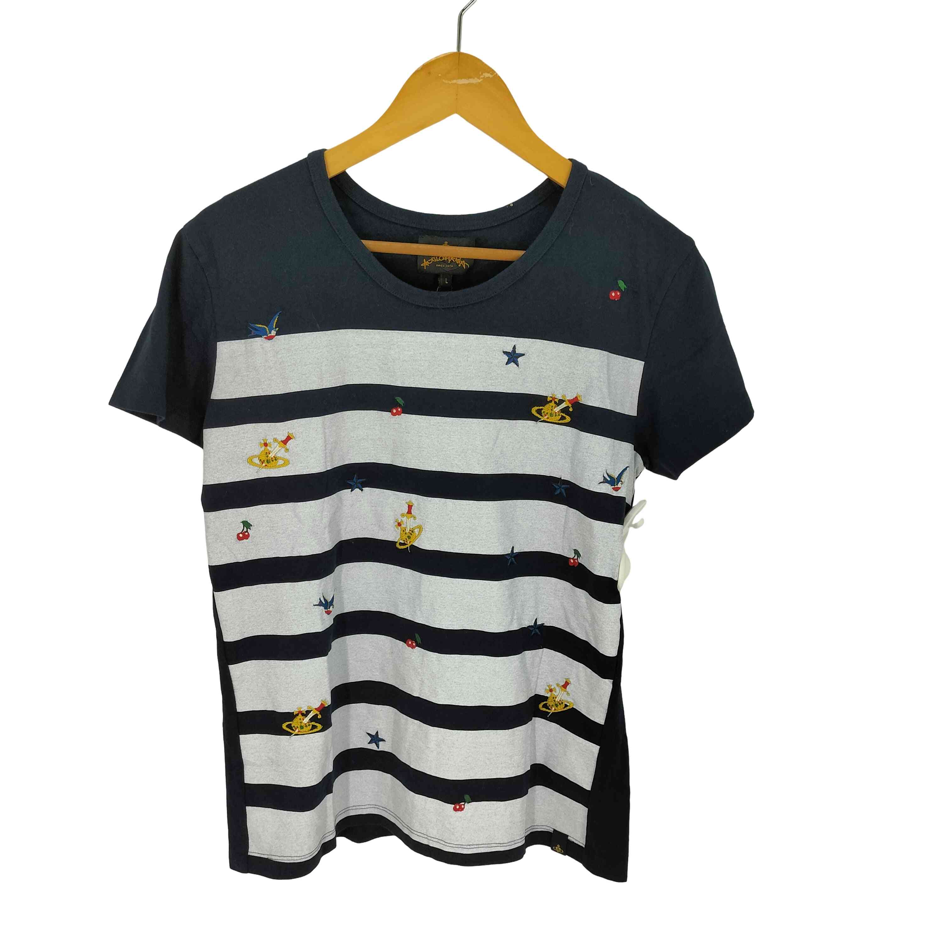 【中古】ヴィヴィアンウエストウッドアングロマニア Vivienne Westwood ANGLOMANIA ボーダーマリン系 オーブ刺繍 Tシャツ レディース import：L ｜BAZZSTORE ブランド古着バズストア
