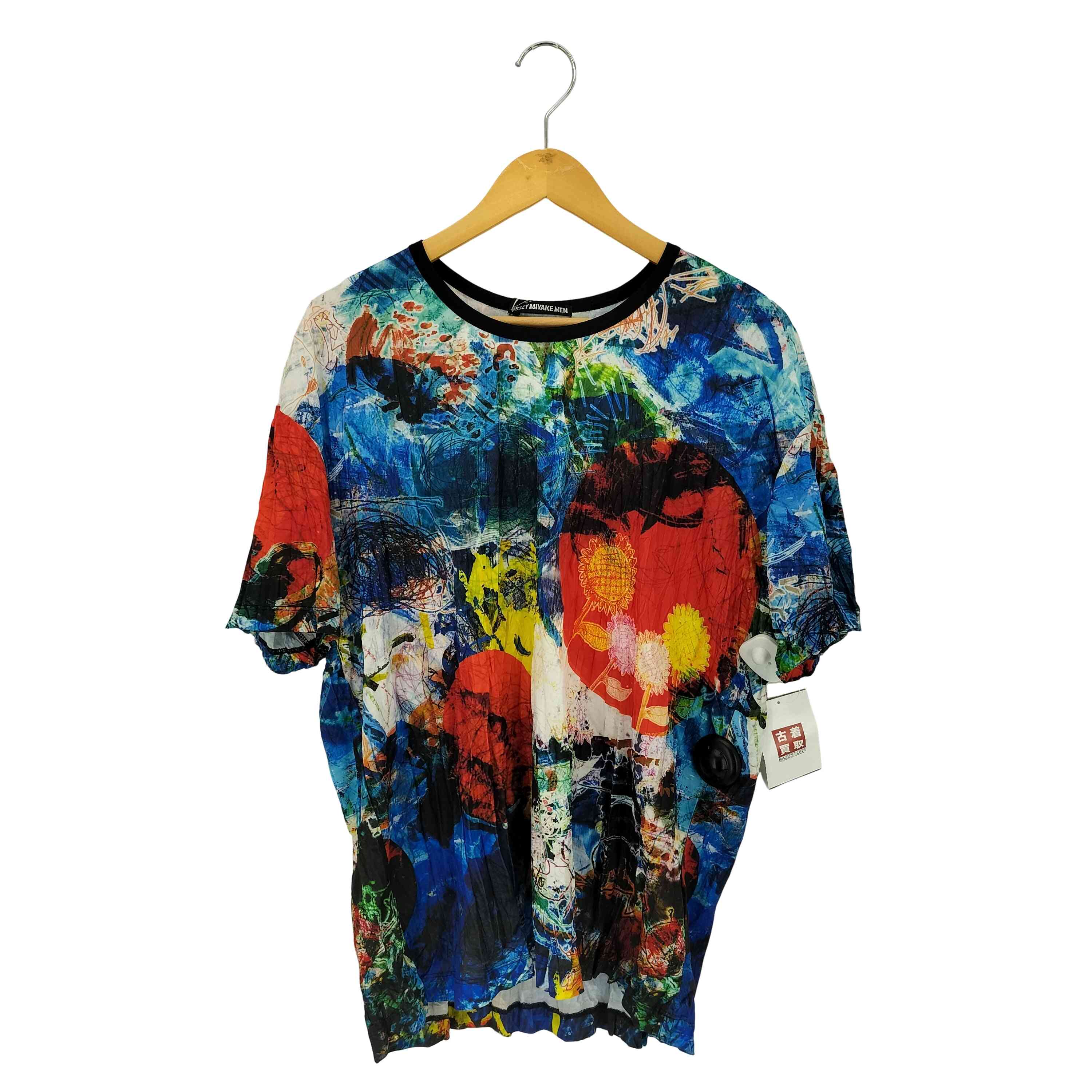 【中古】イッセイミヤケメン ISSEY MIYAKE MEN 13SS 黒タグ グラフィック プリント ねじり プリーツ シワ加工 Tシャツ メンズ JPN：4