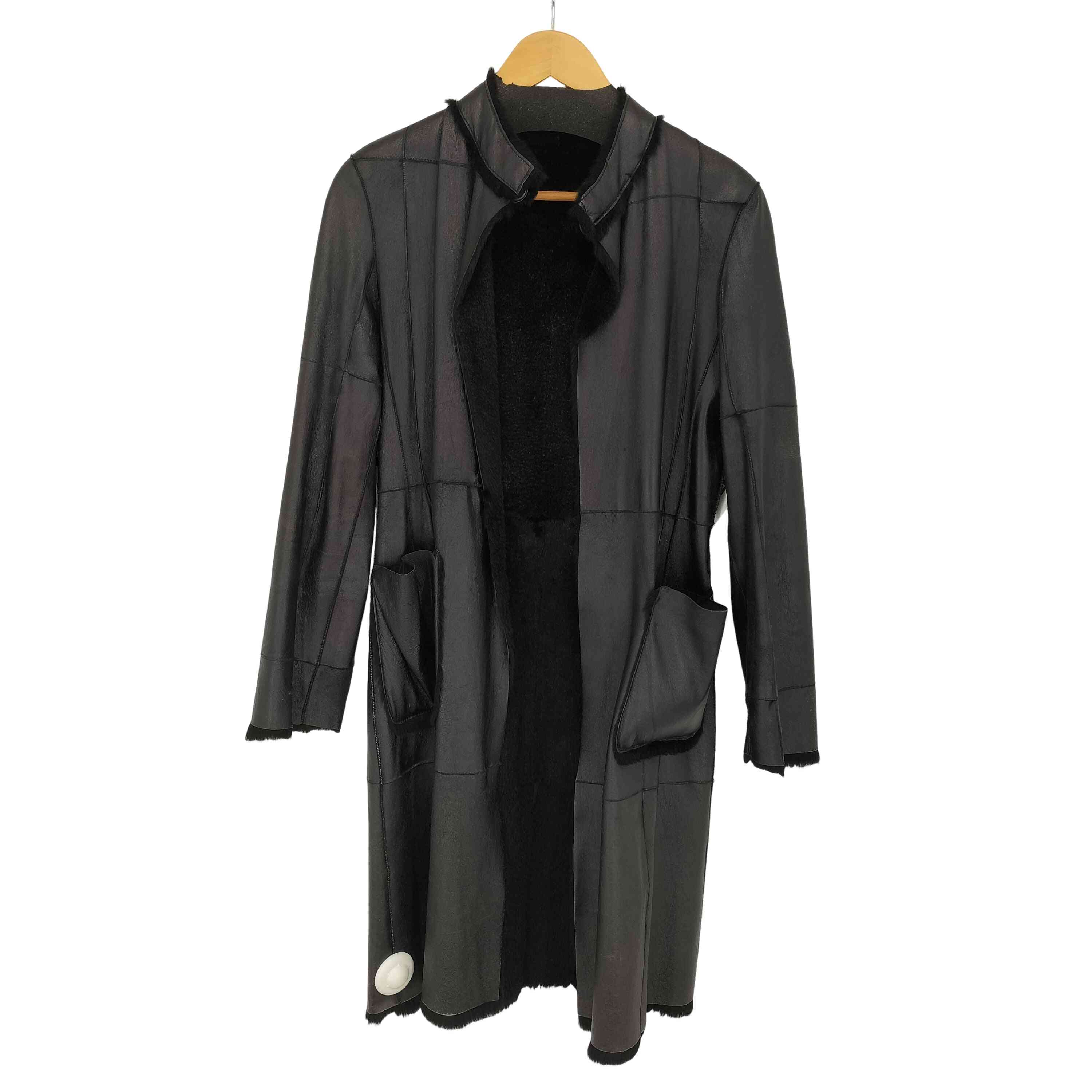 【中古】エンポリオアルマーニ EMPORIO ARMANI 裏地毛革 レザーパッチワークノーカラーコート レディース EUR：38