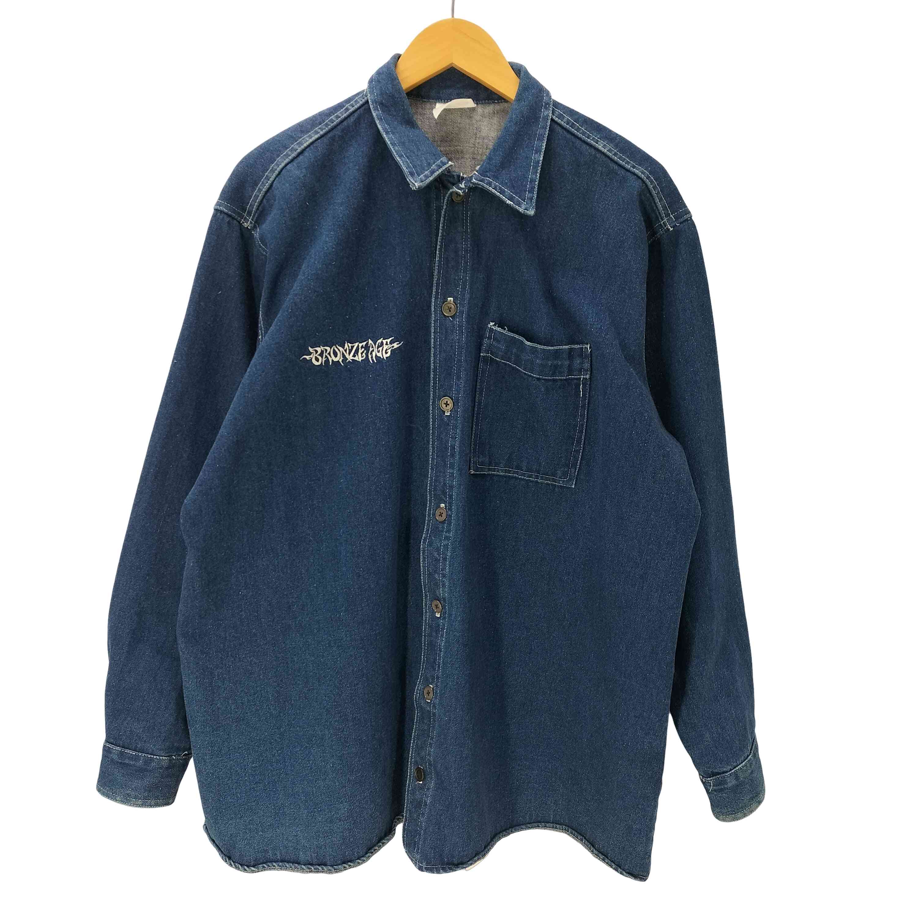 【中古】ユーズドフルギ USED古着 {{BRONZE AGE}} ブロンズエイジ 80-90S USA製 すべり出し OLD ロゴタイプ刺しゅう 甚だしい 薬局衡オンス ジーンズ 覆いかぶせる櫂 プルオーバー 上衣 SK8 年寄りの滑る サーフ メンズ 書きあらわす無