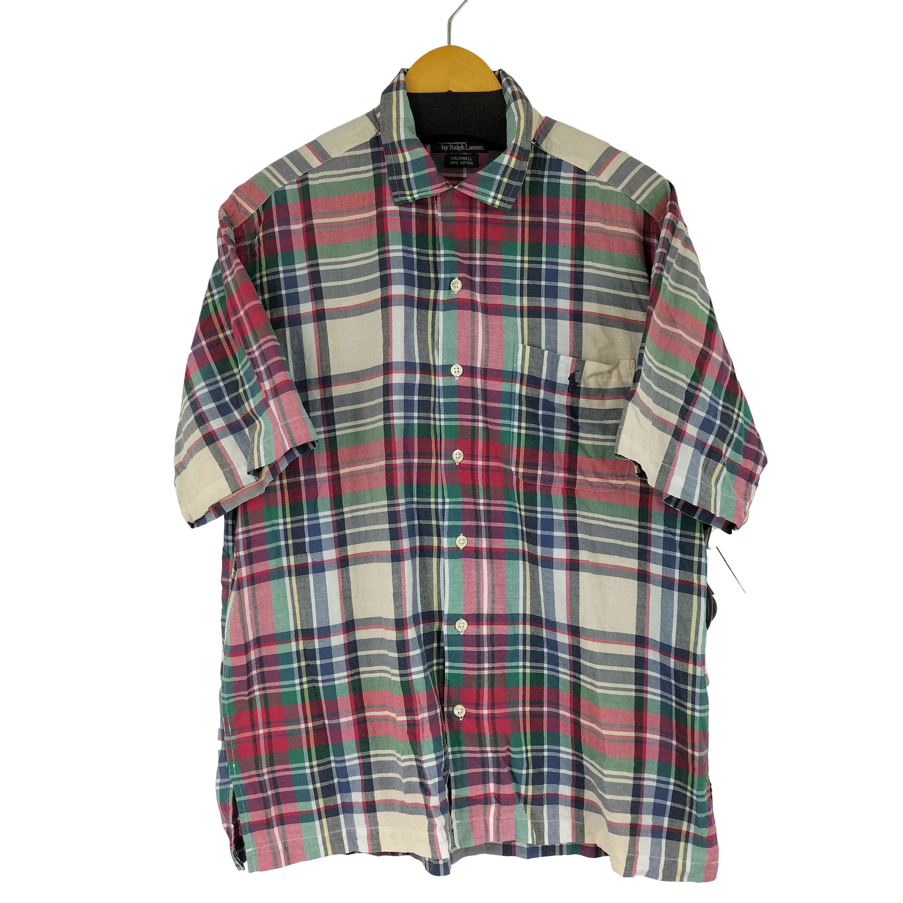 【中古】ポロバイラルフローレン Polo by RALPH LAUREN 90S スモールポニー刺繍 CALDWELL 開襟 S/S チェック柄シャツ メンズ import：L ｜BAZZSTORE ブランド古着バズストア