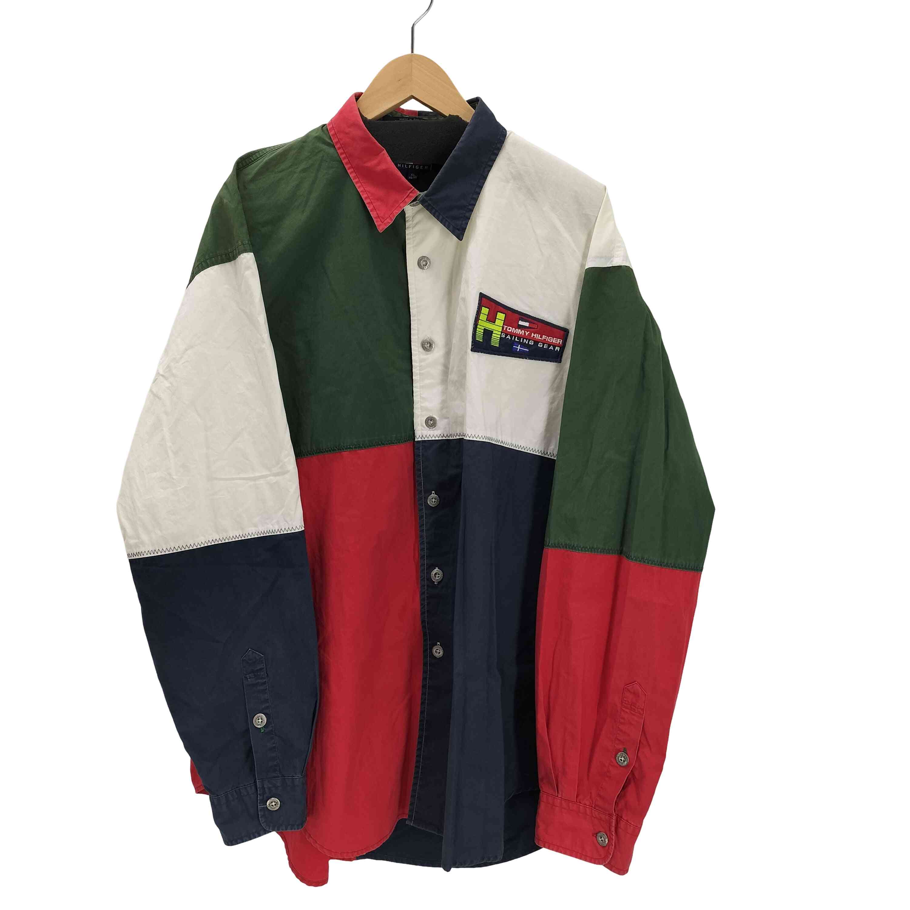 【中古】トミーヒルフィガー TOMMY HILFIGER 90S SAILING GEAR ロゴ ワッペン クレイジーパターン L/S シャツ メンズ import：XL