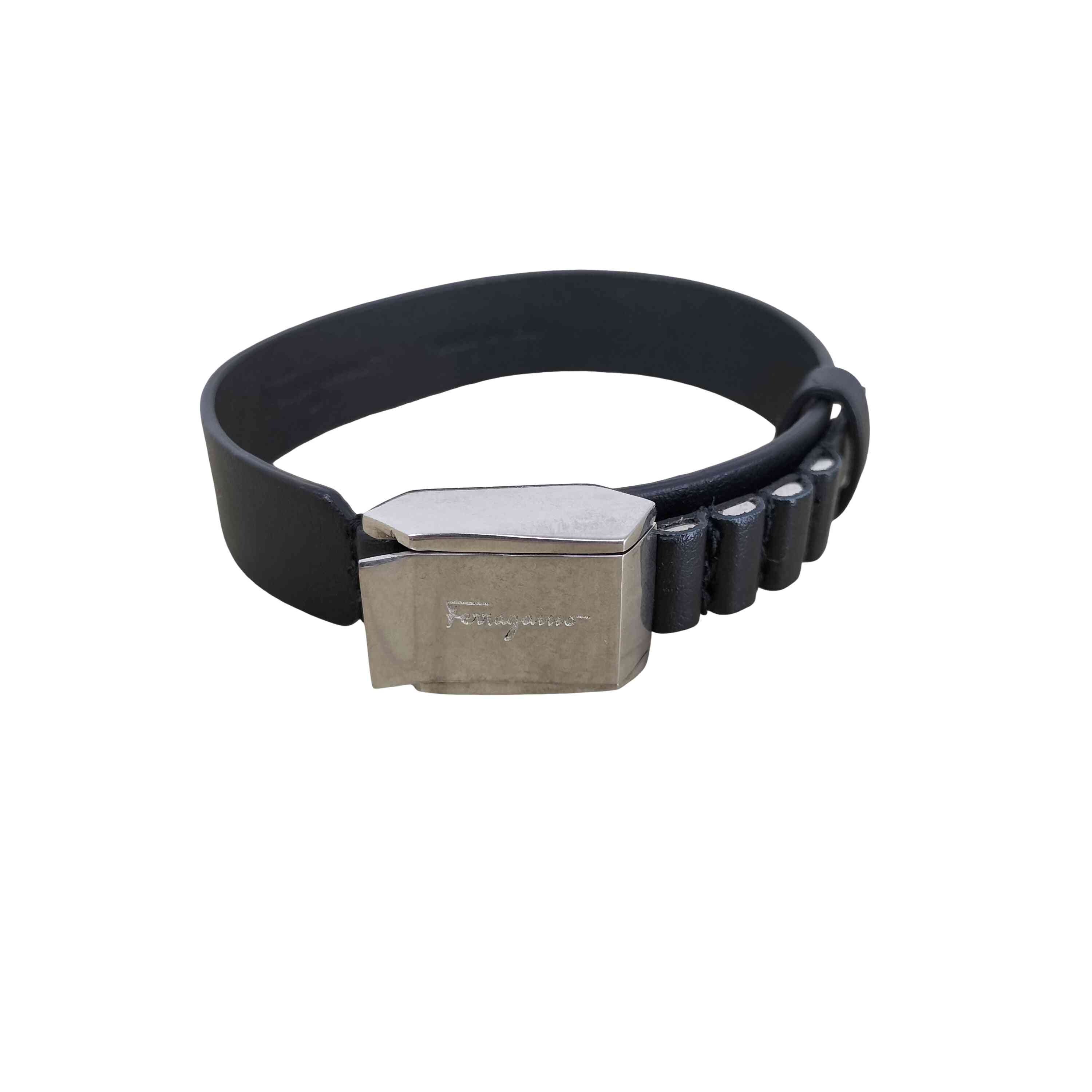 【中古】サルヴァトーレフェラガモ Salvatore Ferragamo ロゴプレートレザーブレスレット メンズ 表記無