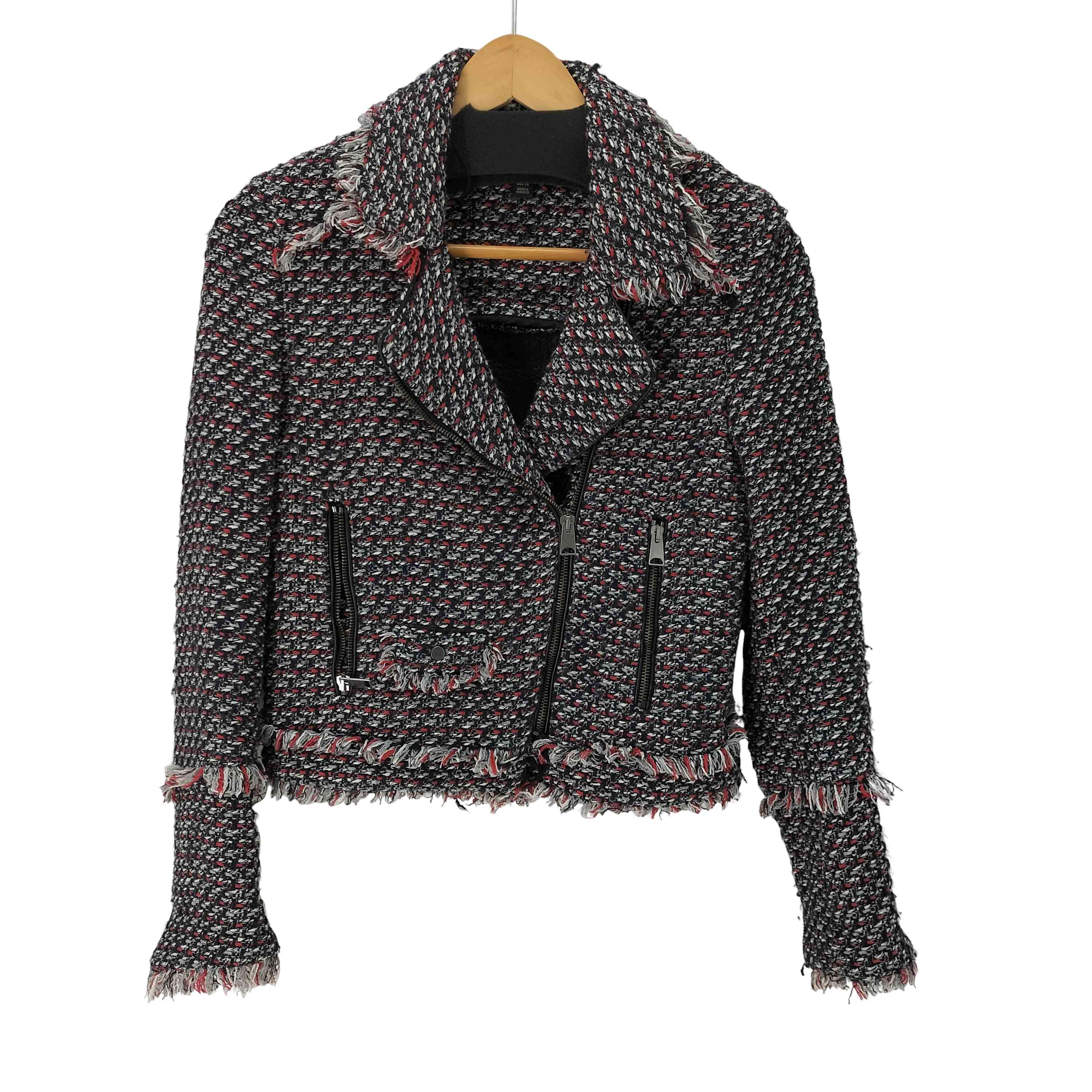 【中古】ザラ ZARA trf_outerwear ツイード ショート ダブルライダース型 ジャケット レディース import：XS
