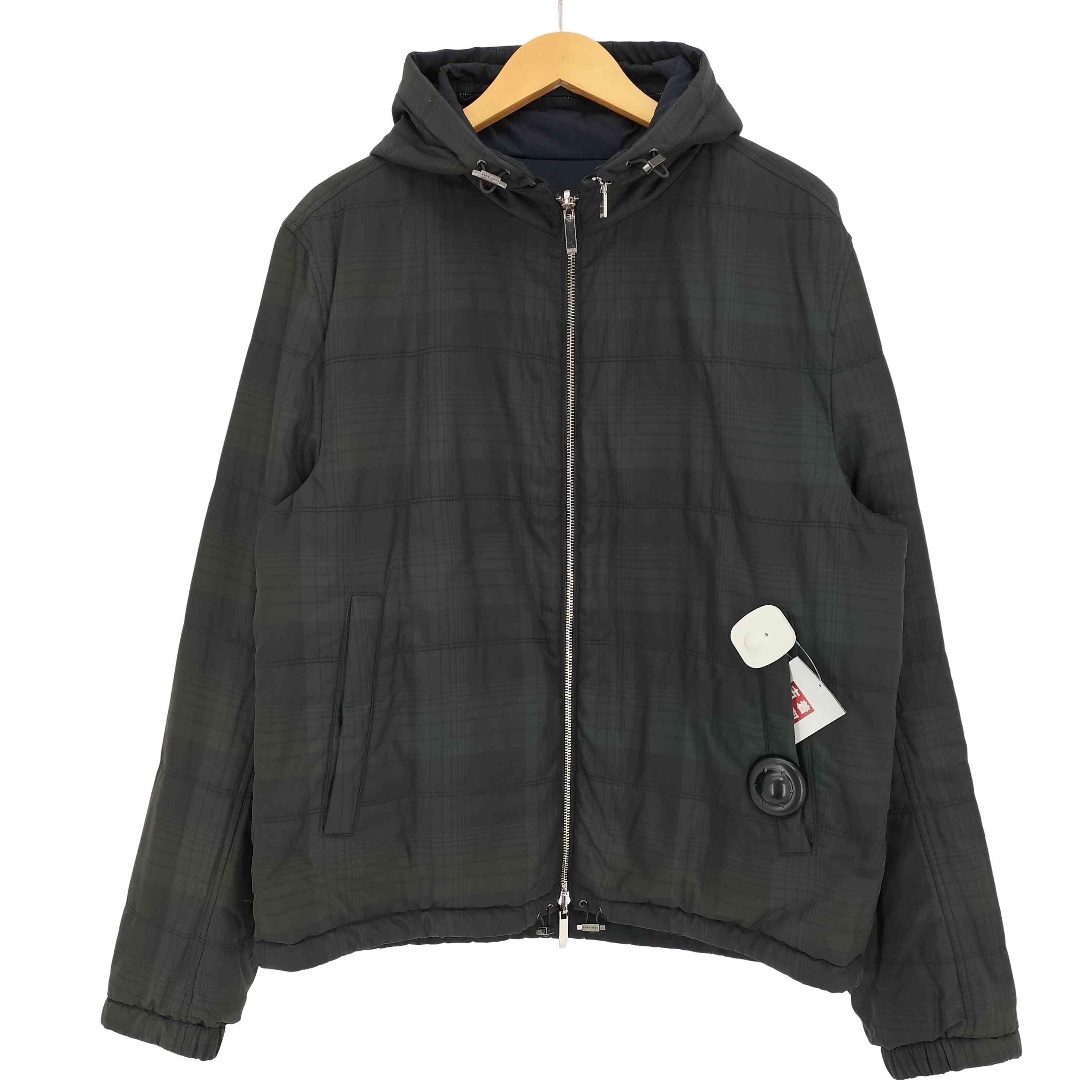 【中古】ヒューゴボス HUGO BOSS WATER REPELLMENT リヴァーシブル ボンネット着脱可 2way タータンチェック ダブルジップ フーデッドブルゾン 裾ドローコード メンズ US：42