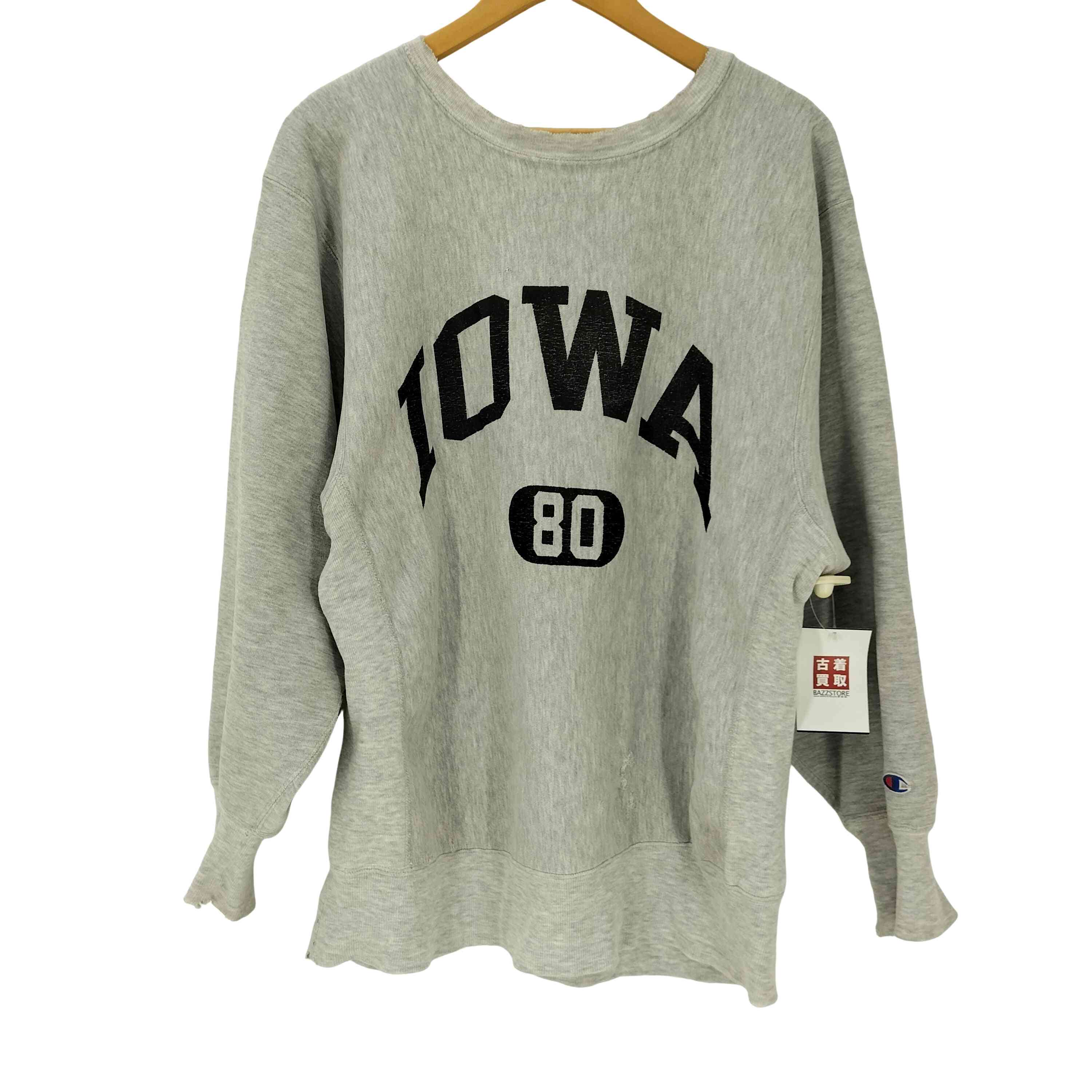 【中古】はやりっ子 Champion 90S USA製 刺しゅう引き船 REVERSE WEAVE リバースウィーブ IOWA 80 2段 アーチ形ロゴタイプ 刷り上げる 流汗 霜降り メンズ import：XL