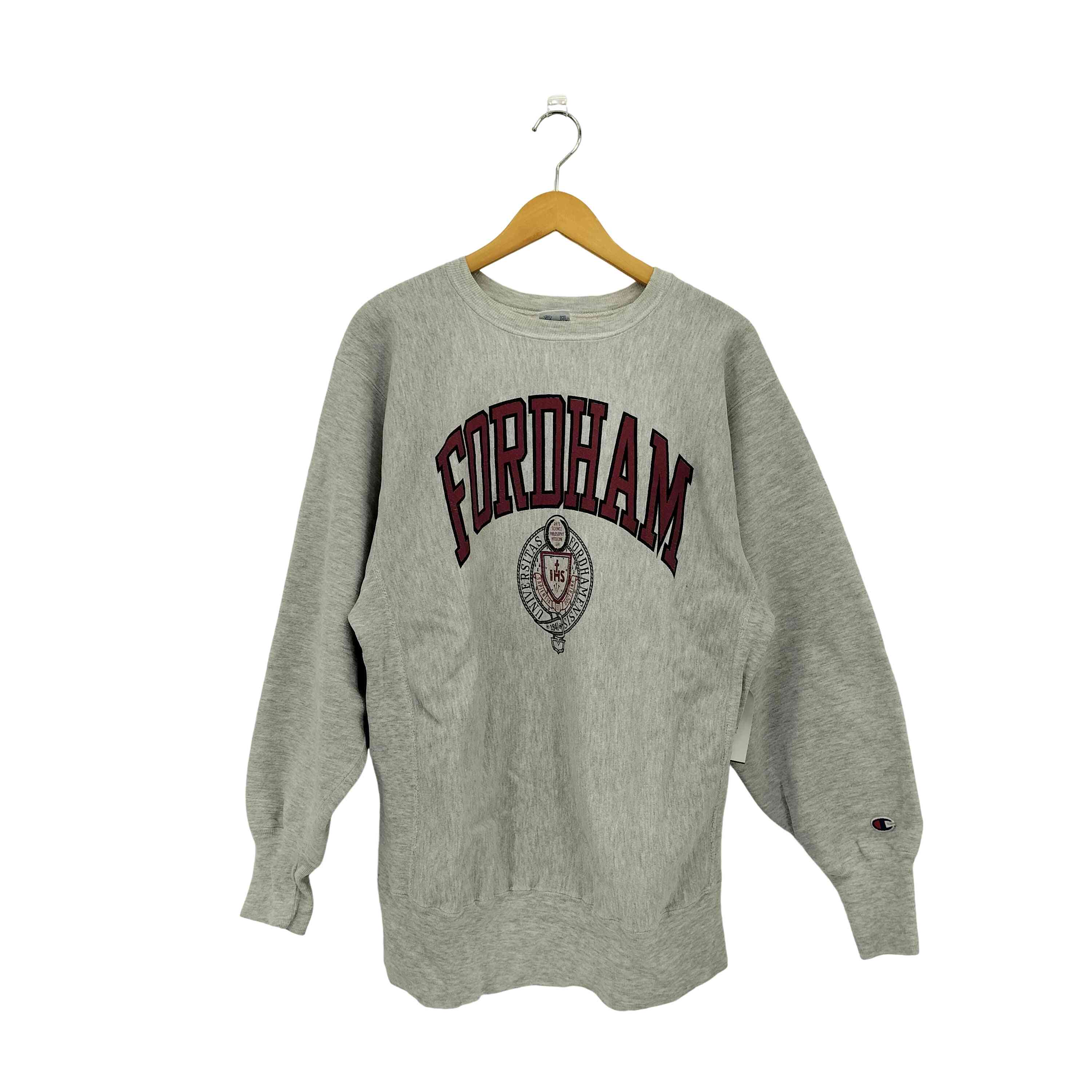 【中古】はやりっ子 Champion 90-00s 刺しゅう引き船 USA製 REVERSE WEAVE FORDHAM アーチ形刷り上げる 単科大学ロゴタイプ リバースウィーブ 流汗 調教師 メンズ  X-LARGE