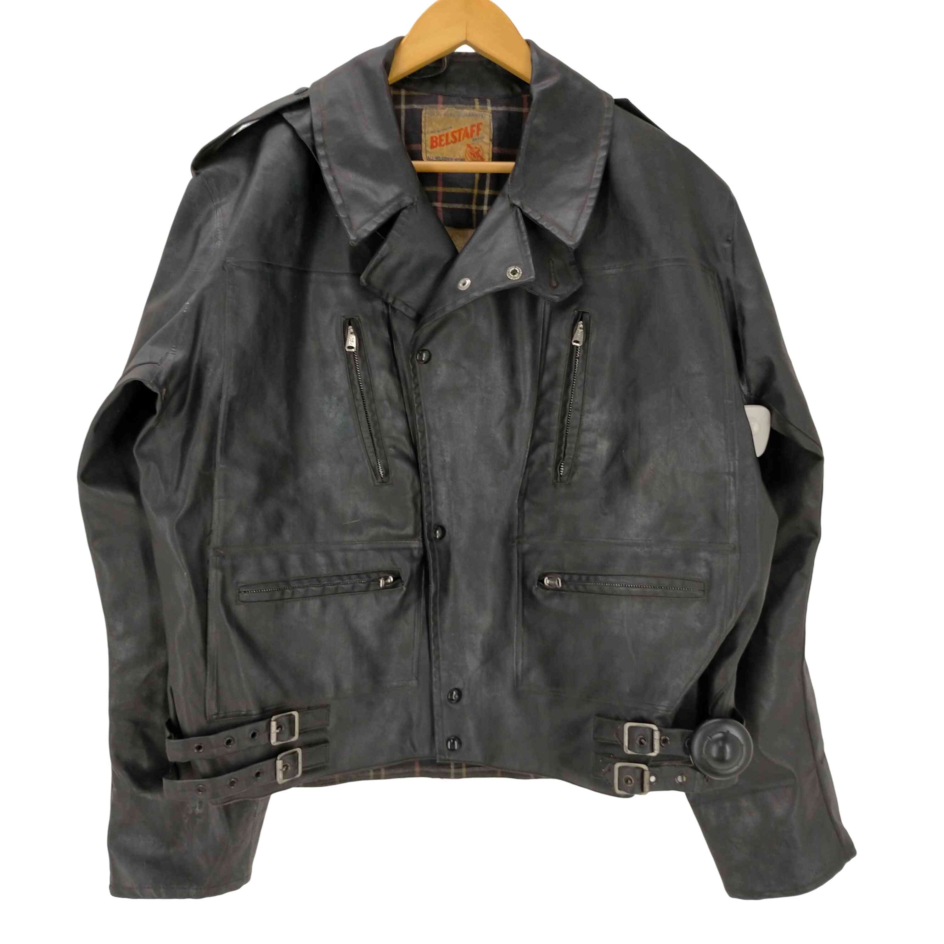 【中古】ベルスタッフ Belstaff 40S プリントタグ RONA ジップ 片爪 裏地チェック PVCレザー ダブル ライダース ジャケット メンズ 表記無