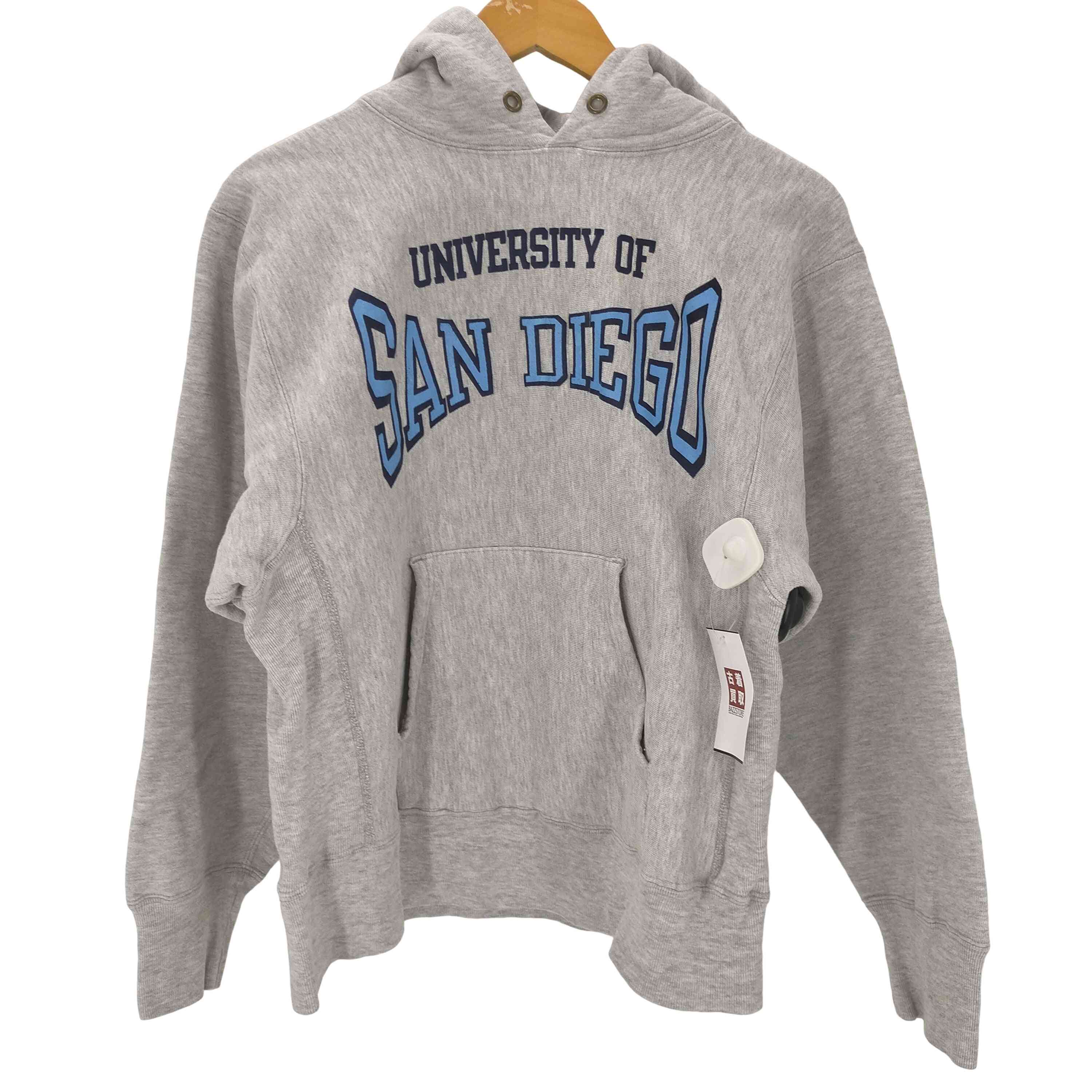 【中古】チャンピオン Champion 80S USA製 トリコタグ アクリル8％ レーヨン3％ 混紡 REVERSE WEAVE UNIVERSITY OF SAN DIEGO 2段 プリント プルオーバー パーカー メンズ import：M