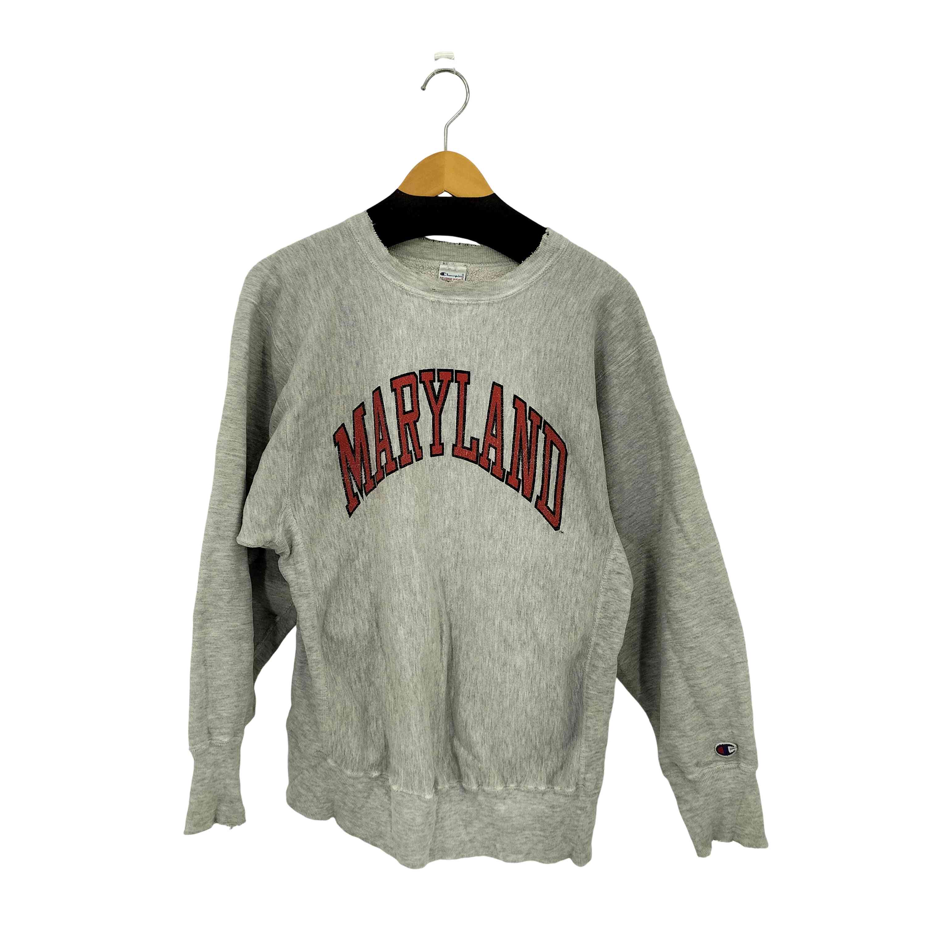 【中古】はやりっ子 Champion 90s USA製 REVERSE WEAVE MARYLAND アーチプリントクルーネックスウェット メンズ  L