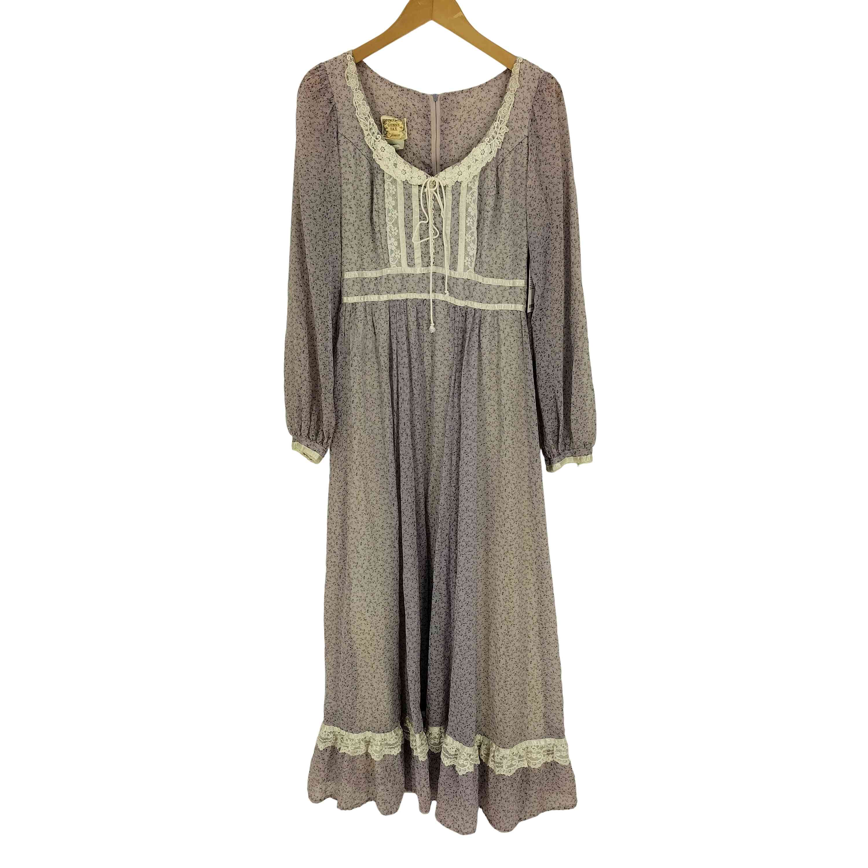 【中古】ガニーサックス GUNNE SAX 70-80S USA製 紙タグ ロケットTALON 花柄 レース ポリコットン ウエストベルト ロングワンピース ゴスロリ レディース 9