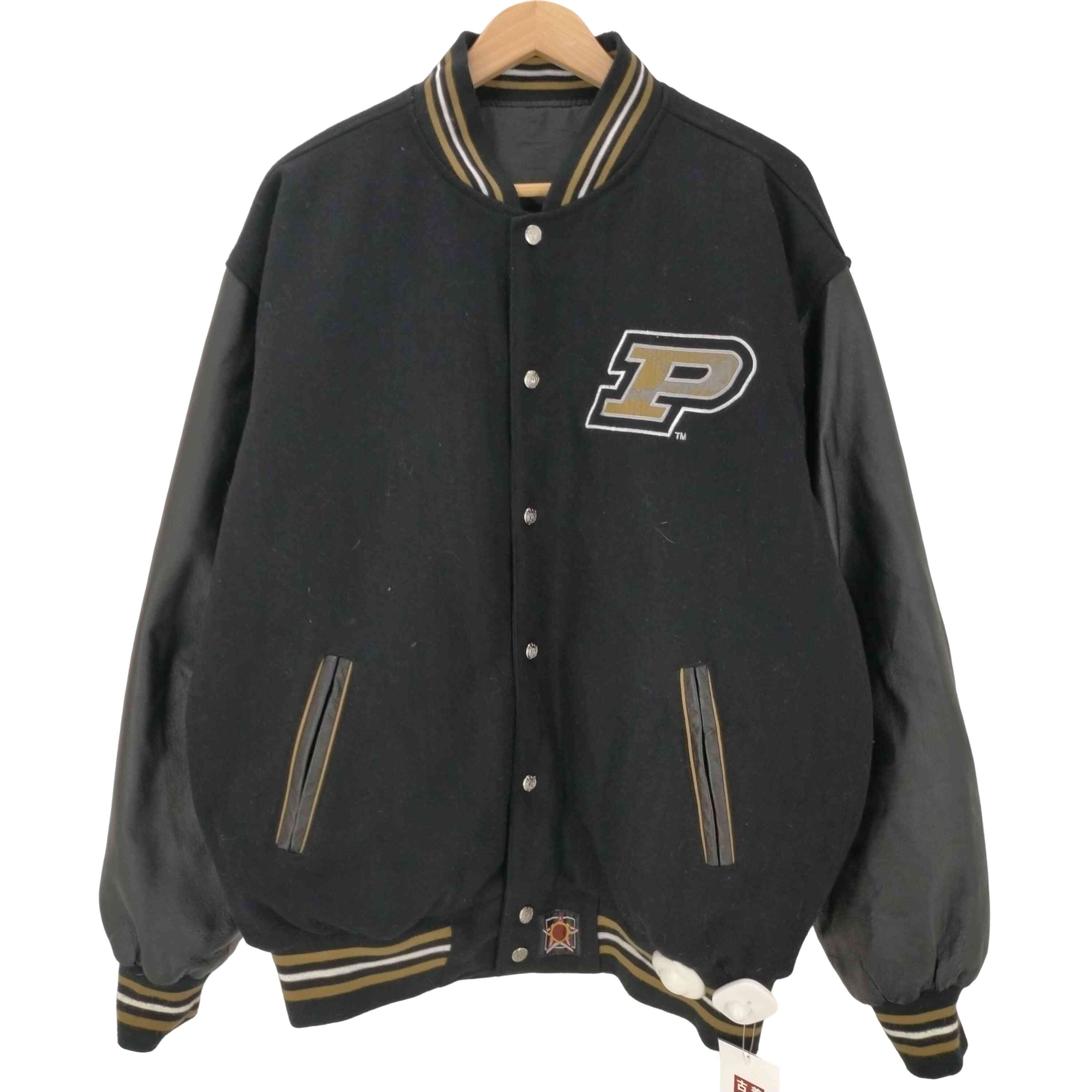 【中古】ユーズドフルギ USED古着 {{Jeff Hamilton}} ジェフハミルトン JH DESIGN 90S PURDUE 刺繍 リバーシブル 袖 本革 リアルレザー 切り替え バーシティ ジャケット スタジャン メンズ import：L