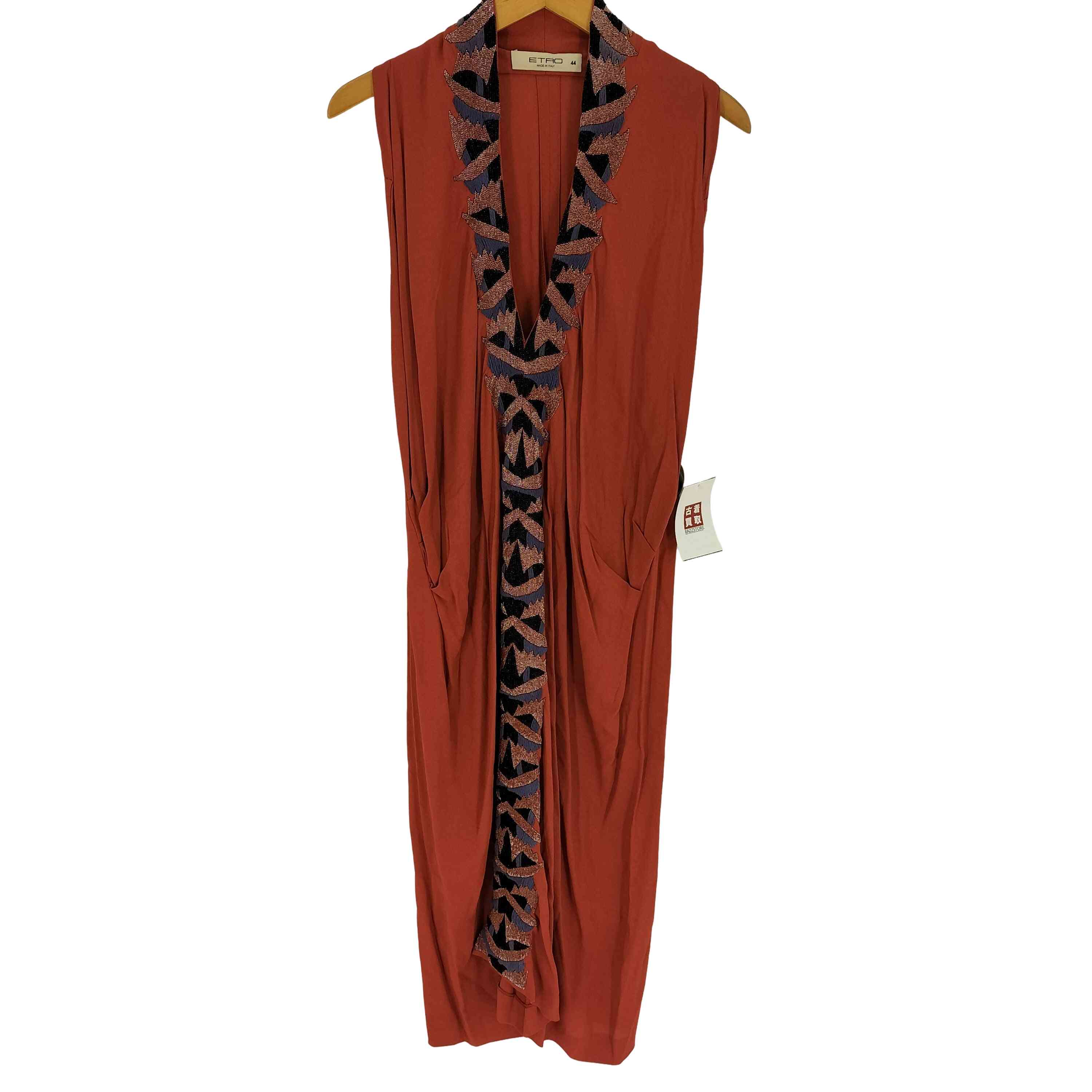 【中古】エトロ ETRO イタリア製 Vのど首 ビース ノースリーブ 衣装 レディース  44