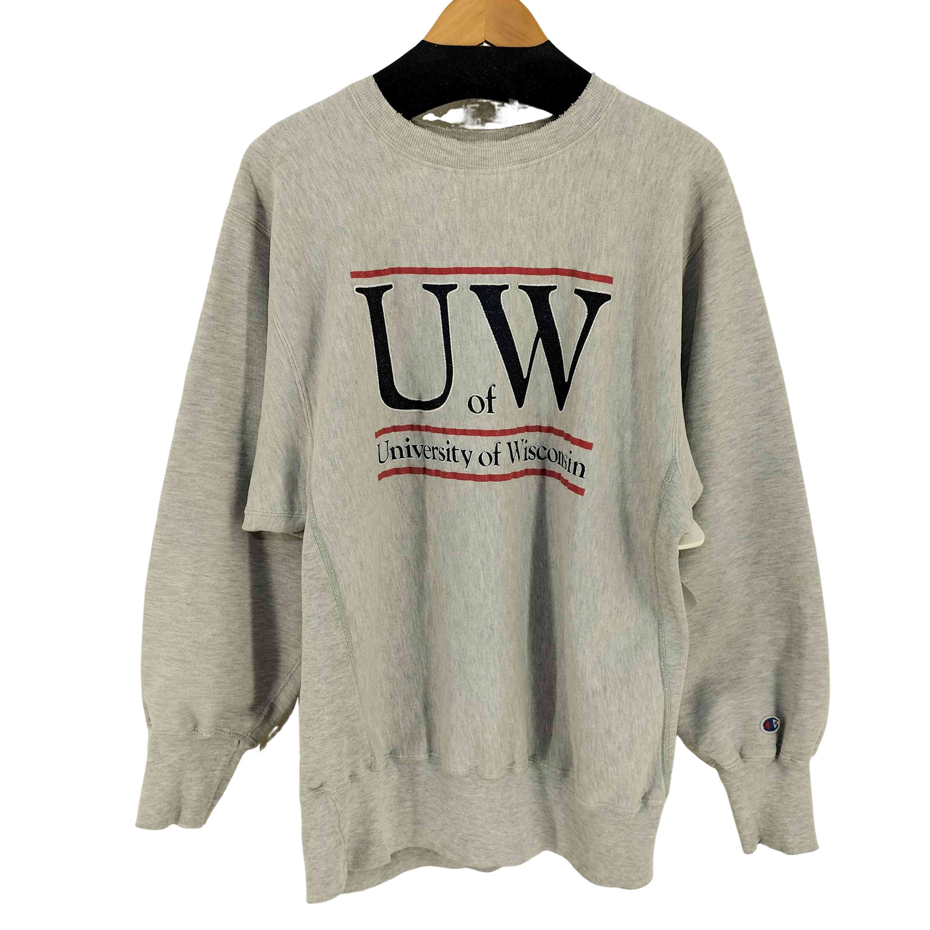 【中古】はやりっ子 Champion USA製 刺しゅう引き船 REVERSE WEAVE UNIVERSITY OF WISCONSIN クルーネックスウェット メンズ import：XL
