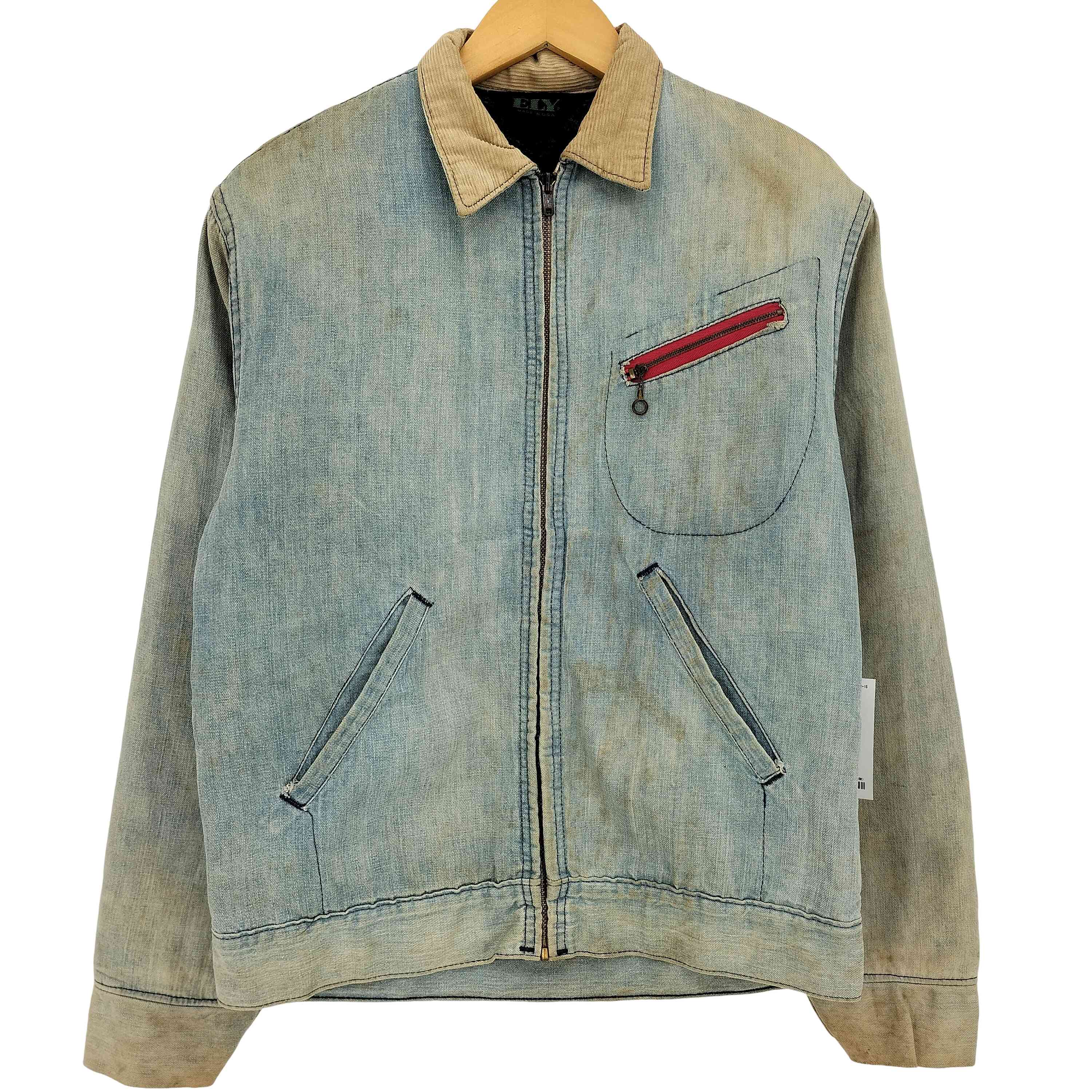 【中古】ユーズドフルギ USED古着 ELY 60-70s 三角タグ 棒TALONジップ 裏地ブランケット 襟コーデュロイ ジップアップ デニム ワーク ジャケット メンズ 36