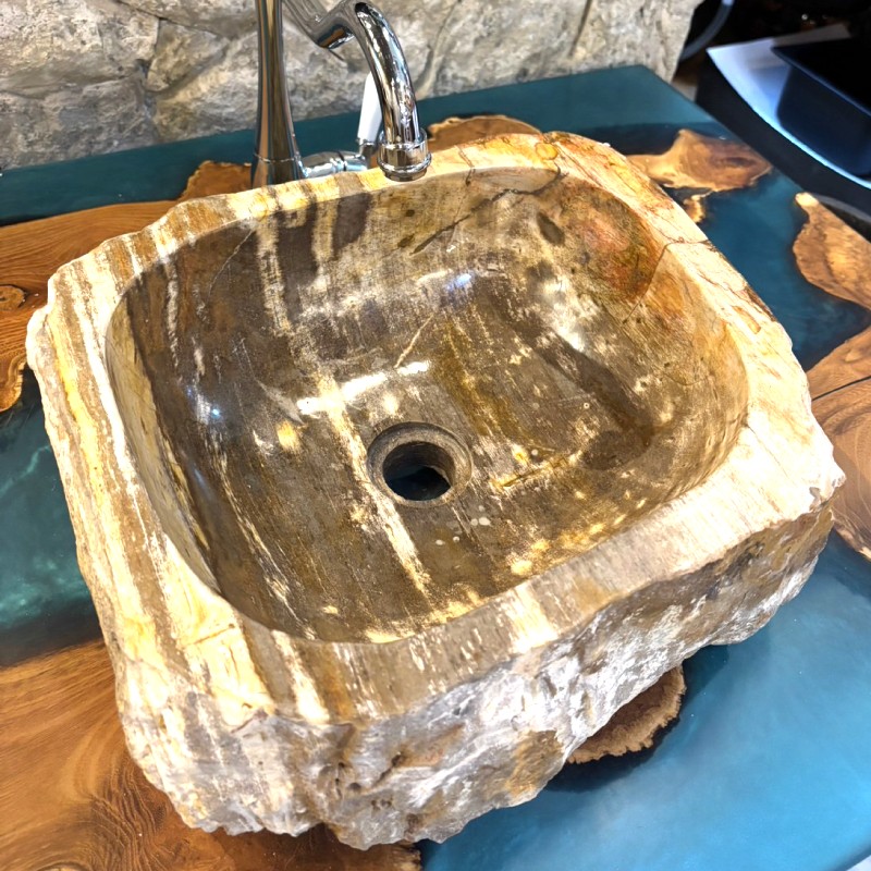 洗面ボウル 珪化木 Petri Fied Wood 木化石 天然石 ウリン チーク インドネシア ハンドメイド 一点物 貴重 ブラウン ベージュ 2点セット 幅40cm petrifiedwood-512 送料無料