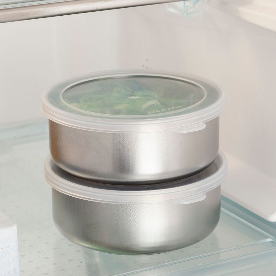 【送料無料】燕三条製ステンレスふた付保存容器丸型2個組/幅11.5cm×奥行×10.6cm×高さ4.3cm/食材保存サビに強いコンパクト/下村企販【日本製】