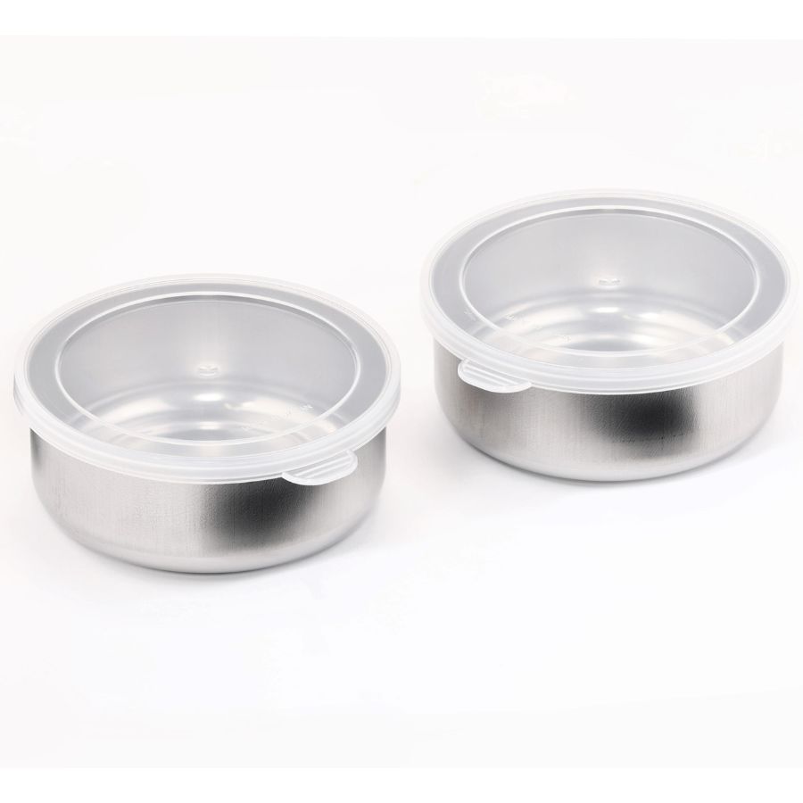 【送料無料】燕三条製ステンレスふた付保存容器丸型2個組/幅11.5cm×奥行×10.6cm×高さ4.3cm/食材保存サビに強いコンパクト/下村企販【日本製】