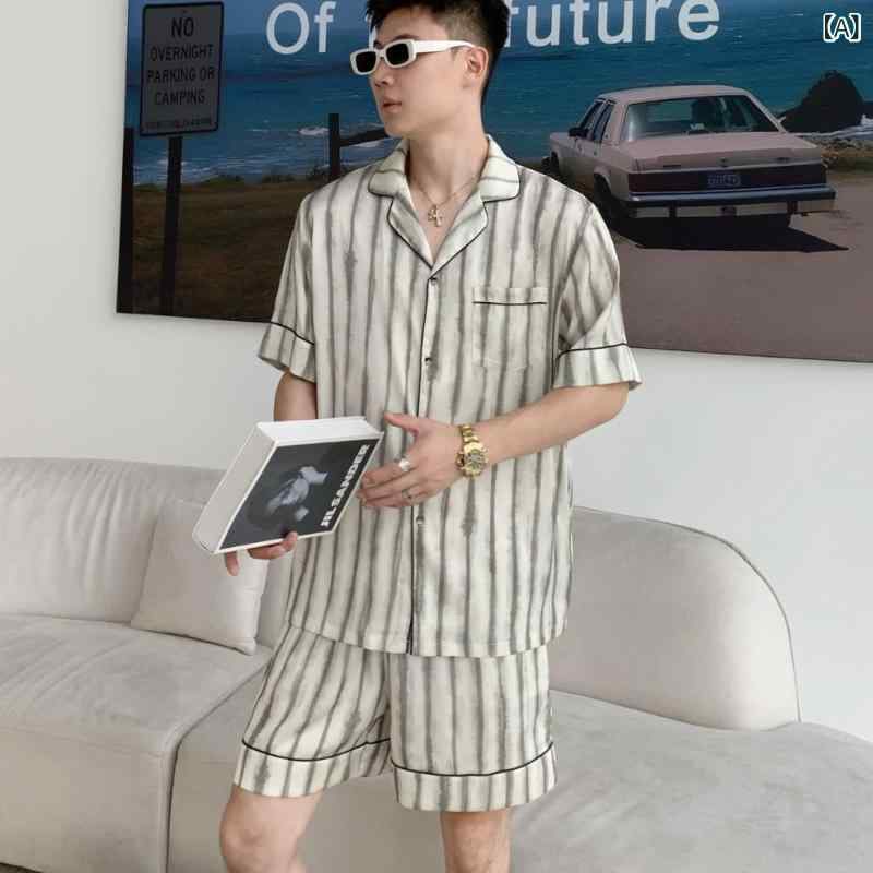 ヨーロッパと アメリカン 表現スタイルの シルクストライプレイジーホーム 服 ハイバージョンデザインメンズ 半袖 ショーツビーチウェアアイスシルクパジャマ