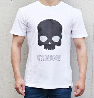 【送料無料】 背中側裾にシミ付着のため処分HYDROGEN（ハイドロゲン）MT0002 EMBROIDERED　SKULL　Ｔ-SHIRT　エンブロイダード　スカル　ティー　スカルとロゴの刺繍入りＴシャツ　コットン100％　001　ホワイト　サイズM｜Beachshell2018 7,700円