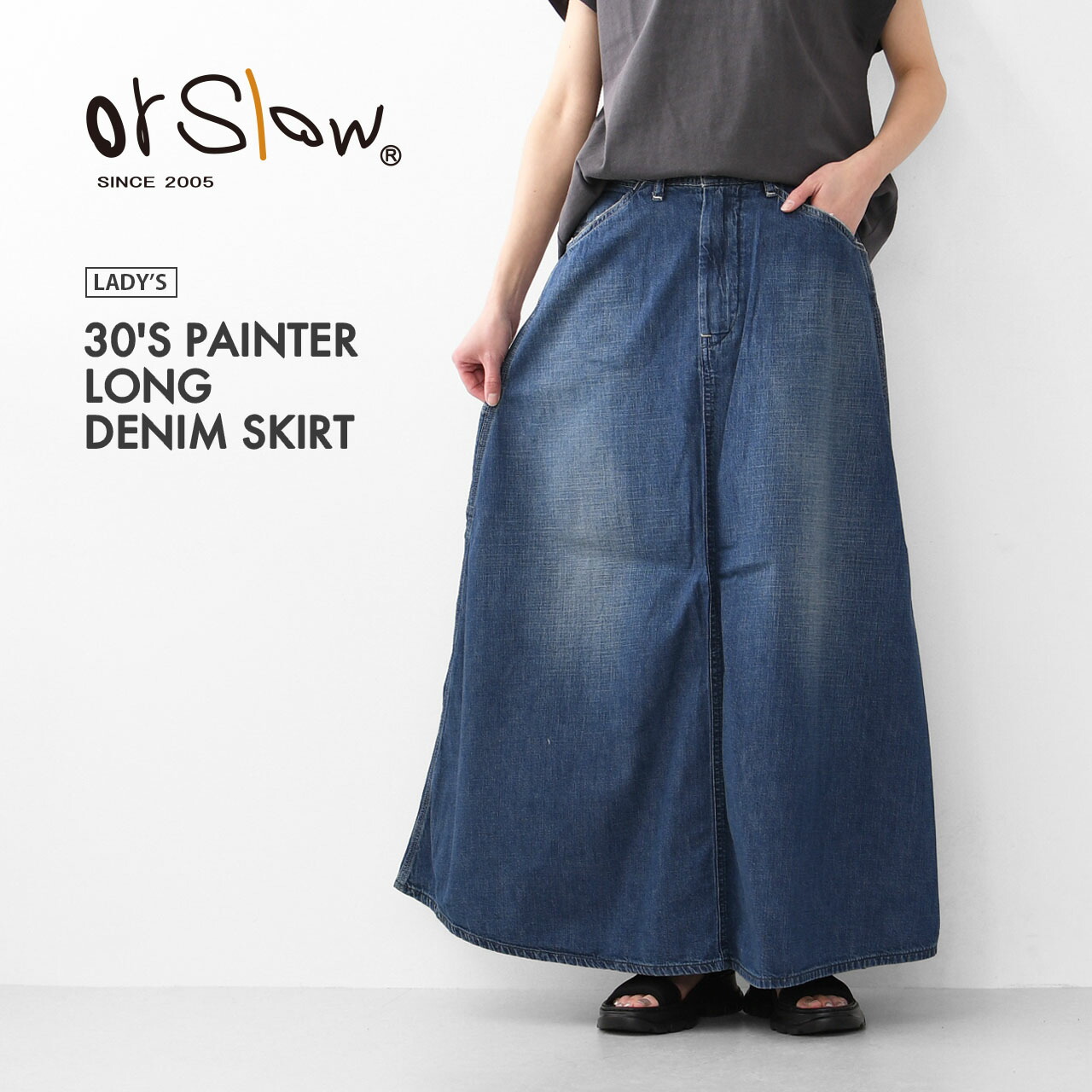 新品　orSlow オアスロウ　ペイントスカート orSlow オアスロウ デニム ペインター ロング スカート DENIM