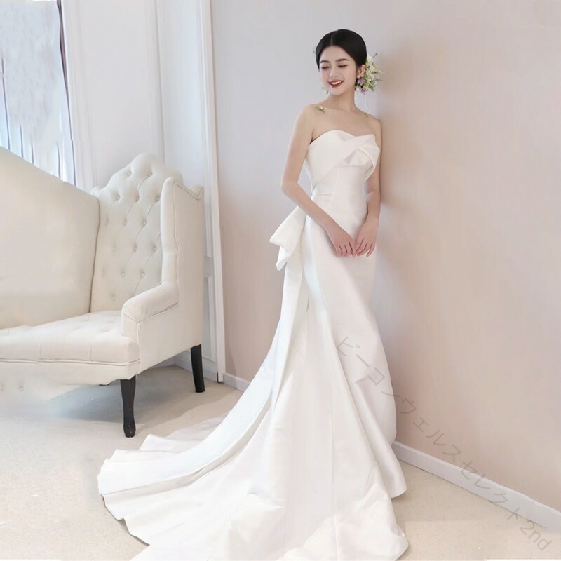 送料無料 ウェディングドレス 二次会ドレス マーメイドドレス 結婚式ドレス ロングドレス トレーンドレス ビスチェドレス サテン リボン 可愛い ホワイト ブラック 白 黒 海外挙式 撮影 レディース XS S M L XL XXL XXXL ウェディング ドレス マーメイドライ