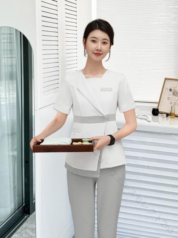 制服 レディース 韓国風 御前上等感 美容院 エステ 赤ちょうちん スパ 診療美容 エステティシャン ひと肌管理すること士 春夏 ポリエステル 半袖 七分袖 ズボン下 白いこと 薄墨色