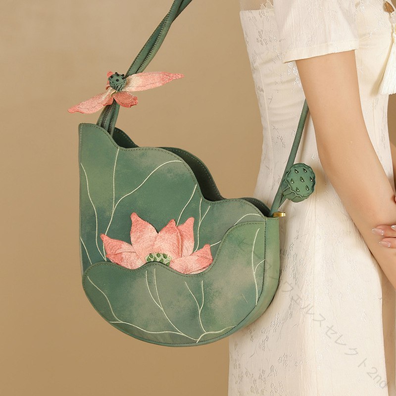 トートバッグ ショルダーバッグ 斜め掛け グリーンピンク 蓮の花 異型 かわいい ファスナー おもしろ ヴィンテージ 大容量 ミニバッグ 財布 小物収納 可愛い おしゃれ 卒業式 披露宴 二次会