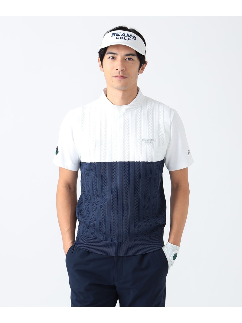 【SALE／60%OFF】PURPLE LABEL / バイカラー ケーブルニットベスト BEAMS GOLF PURPLE LABEL ビームス アウトレット トップス ベスト・ジレ グリーン ホワイト【RBA_E】【送料無料】[ Fashion]
