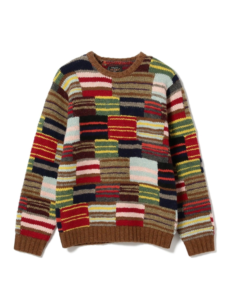 【SALE／50%OFF】BEAMS PLUS / パッチワーク ハンドニット クルーネック BEAMS PLUS ビームス アウトレット トップス ニット【RBA_E】【送料無料】[ Fashion]