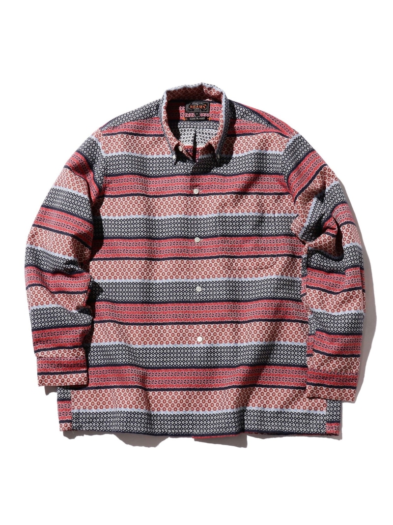【SALE／60%OFF】ファインパターン ジャカード ストライプ オープンカラー ボタンダウンシャツ BEAMS PLUS ビームス アウトレット トップス シャツ・ブラウス ネイビー【RBA_E】【送料無料】[ Fashion]