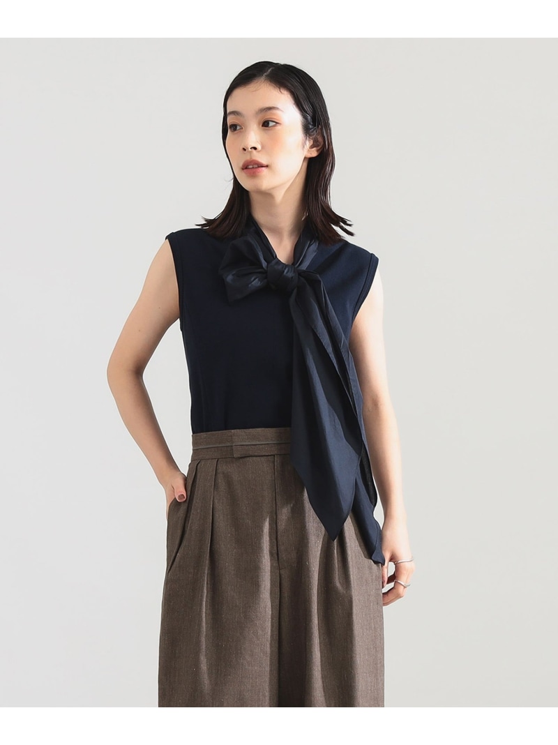 AK+1 / コットン リボン ノースリーブ カットソー Demi-Luxe BEAMS デミルクス ビームス トップス カットソー・Tシャツ ホワイト ネイビー【先行予約】*【送料無料】[ Fashion]｜BEAMS／ビームス