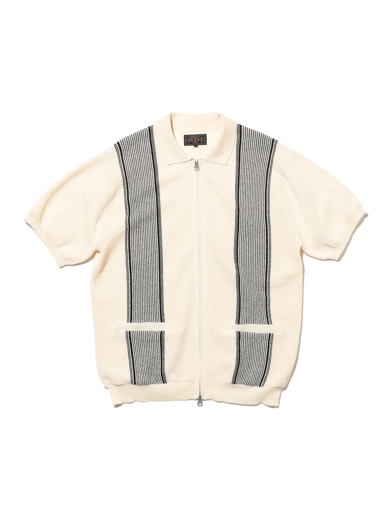 BEAMS PLUS｜Zip Knit Polo Stripe｜メンズ トップス ニットポロシャツ 半袖｜ストライプ柄 フルオープン フロントジップ ダブルジップ｜ポリエステル 麻混 涼しい 通気性｜春夏 BEAMS PLUS ビームス メン トップス ポロシャツ グレー ホワイト【送料無料】[ Fashion]｜BEAMS／ビームス