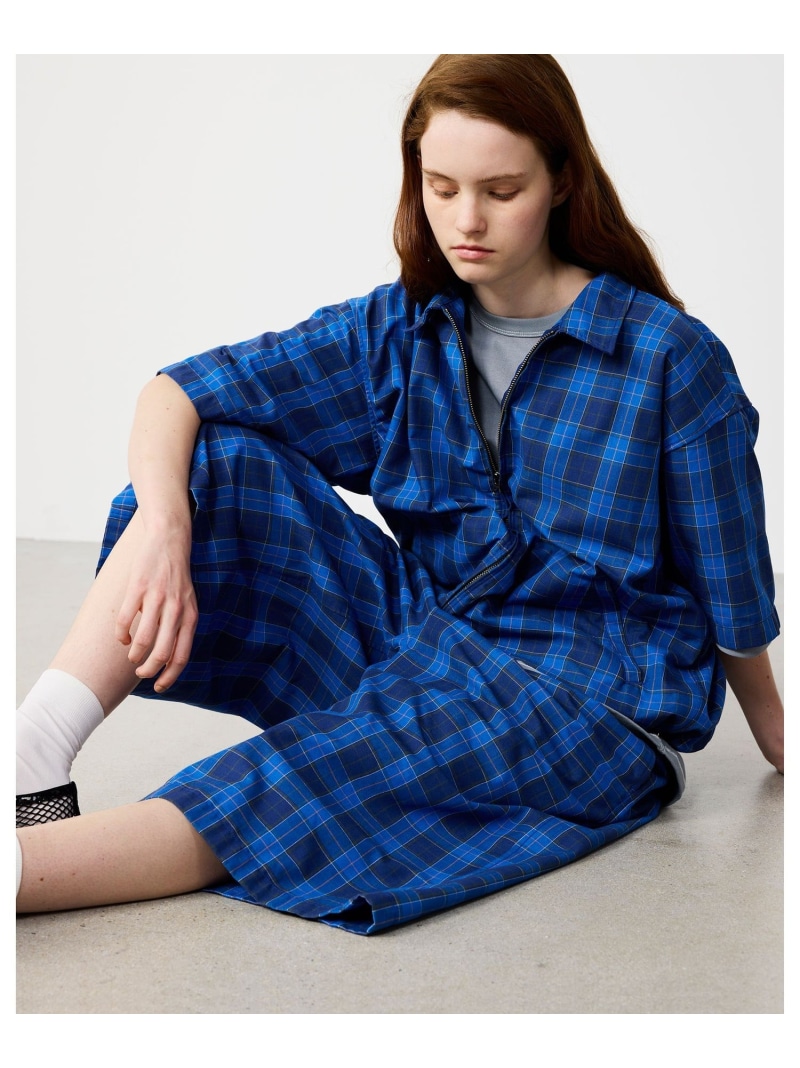 BEAMS｜Check Zip Up Shirt｜メンズ ジップアップシャツ 上衣｜タータンチェック ワークテイスト｜綿織物 ポリエステル シワになりにくい 速乾｜ワイドショートフィット｜春夏 BEAMS ビームス メン トップス プルオーバー・トップ 青色 ベ【貨物輸送無料】[ Fashion]