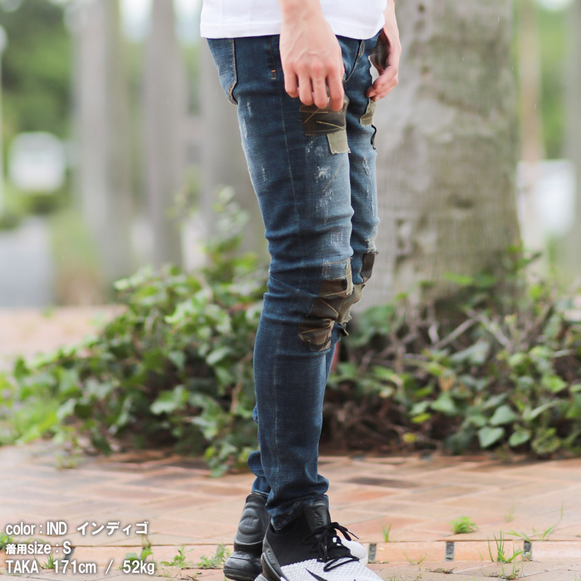 AvidJeans【アビッドジーンズ】aj11-sk53パッチワークスキニーストレッチジーンズカジュアルキレー目ストリートダメージクラッシュ