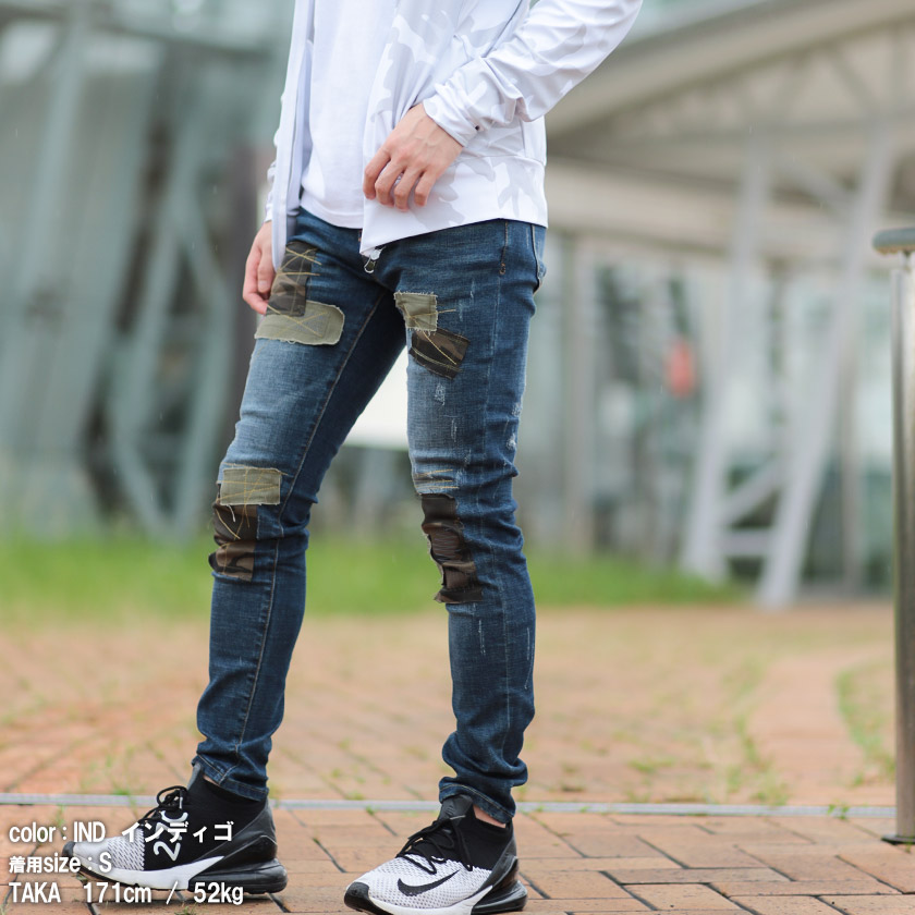 AvidJeans【アビッドジーンズ】aj11-sk53パッチワークスキニーストレッチジーンズカジュアルキレー目ストリートダメージクラッシュ