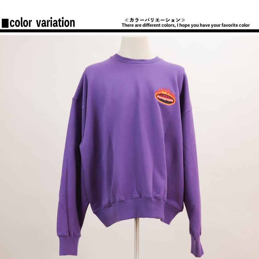 Paragraph(パラグラフ)フレームスウェットトレーナークルースウェットトレーナー裏毛刺繍ビッグサイズワイドワンサイズ炎貼り付け立体ロゴメンズレディースストリートファッションno.021