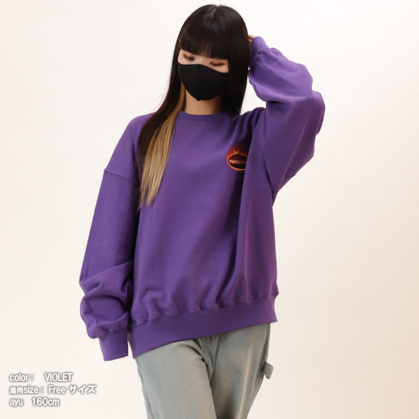 Paragraph(パラグラフ)フレームスウェットトレーナークルースウェットトレーナー裏毛刺繍ビッグサイズワイドワンサイズ炎貼り付け立体ロゴメンズレディースストリートファッションno.021