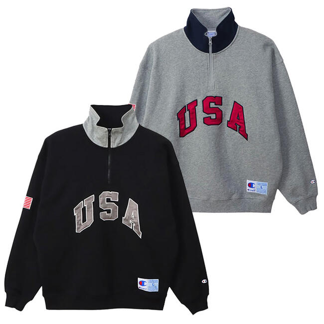 Champion Action Style Half Zip Sweat / pullover retro / USA / 2-Col チャンピオン アクション スタイル ハーフジップ スウェット / プルオーバー 裏毛 サテン アップリケ ロゴ ルーズフィット / 2色展開 champion action 90s|Beard Store
