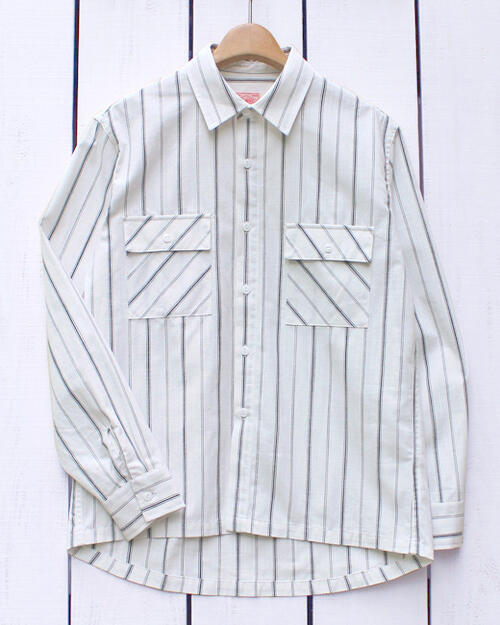 BIG MIKE Stripe Chambray LS Shirts White / cotton ビッグマイク ストライプ シャンブレー シャツ 長袖 コットン フラップポケット ネコ目ボタン / オフホワイト big mike work