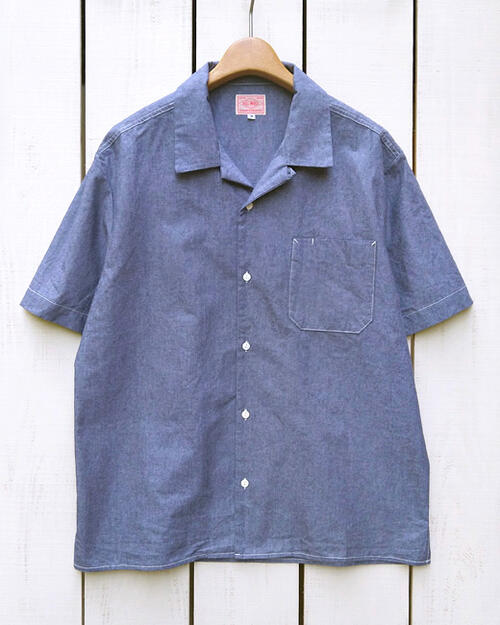 BIG MIKE  Chambray Open Collar SS Shirts  D. Indigo / short sleeve  ビッグ マイクロホン  シャンブレー 明けっ広げ色合い プルオーバー  半袖 開襟 / ダークインディゴ / 綿織物  無地 胸衣嚢 細長い切口  big mike work 細工物プルオーバー